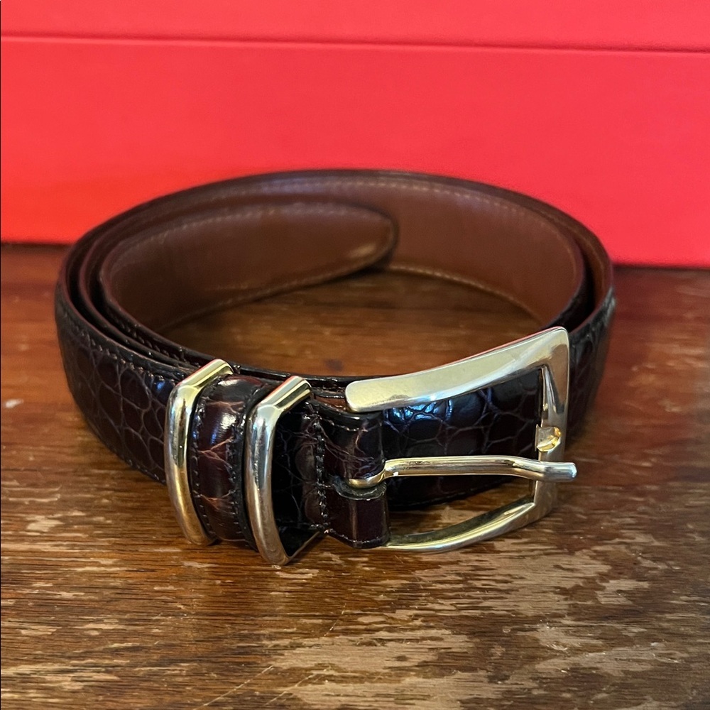 Vintage Bachrach  Dark Brown Croc-Embossed Leather Belt with Gold Buckle